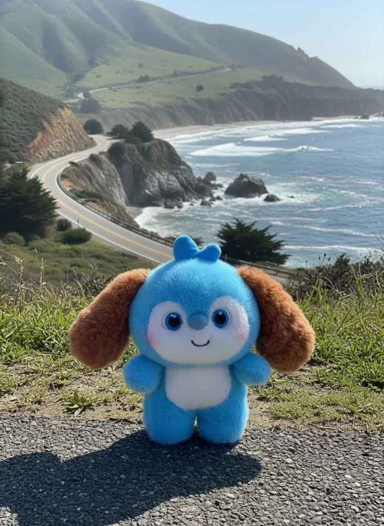 A blue plush toy with brown ears and big eyes, standing on a paved surface with a scenic coastline and curving road in the background.